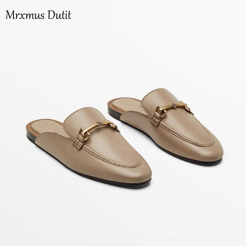 Mrxmus Dutit 2023 Fashion Women New Genuine Leather Shoes Metal Buckle Mules Shoes Casual Wild Simple Sandals Slippers Female