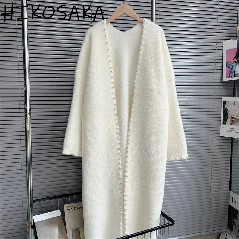 Korean Sweet Temperament Long Sweater Beading V-neck Open Stitch Knitted Cardigan 2024 Fall Winter Soft Casual Sueter Mujer