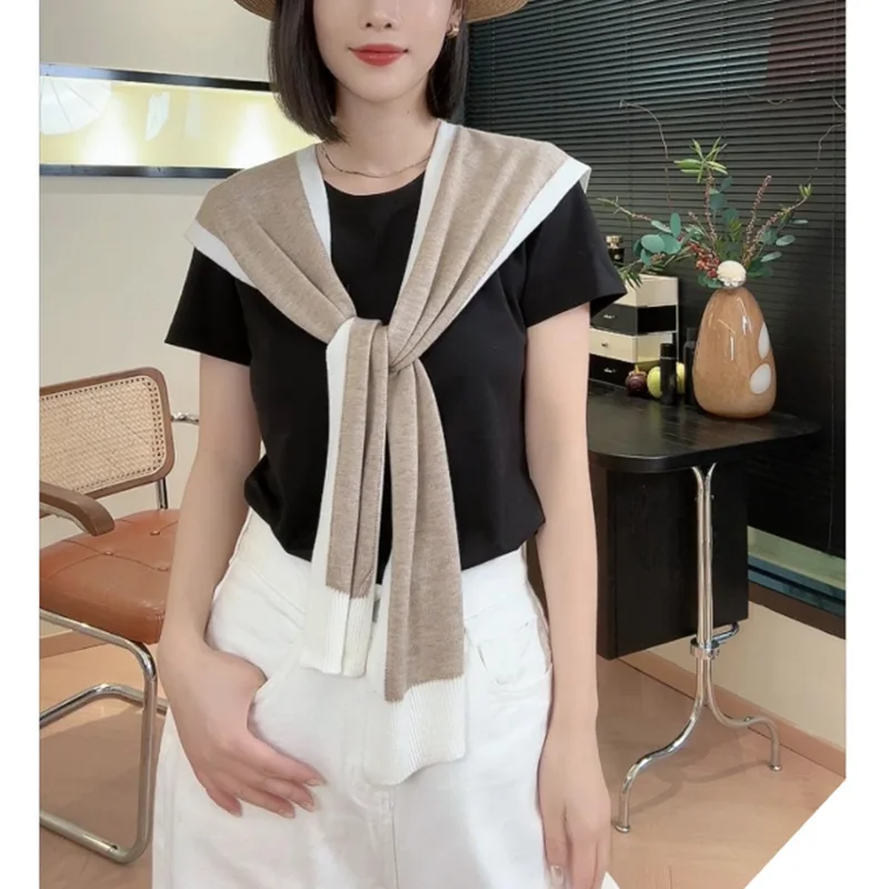 Korean Summer Women Air Conditioning Fake Collar Neck Scarf Female Knit Thin Autumn Knotted Cape Sunscreen Shawl