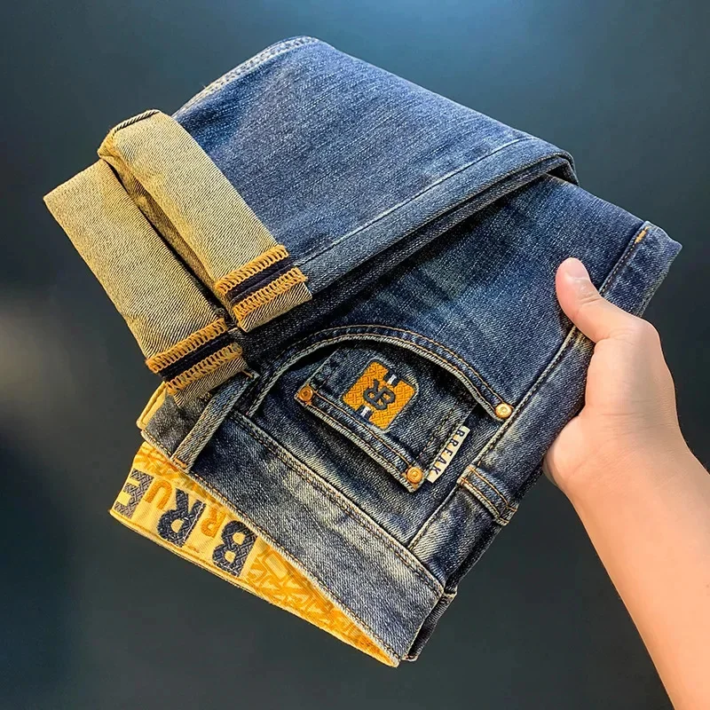 Blue Jeans for Men 2026 Autumn High-End Washed Fashion Embroidery Slim Fit Light Straight-Leg Vintage White Casual Denim Pants