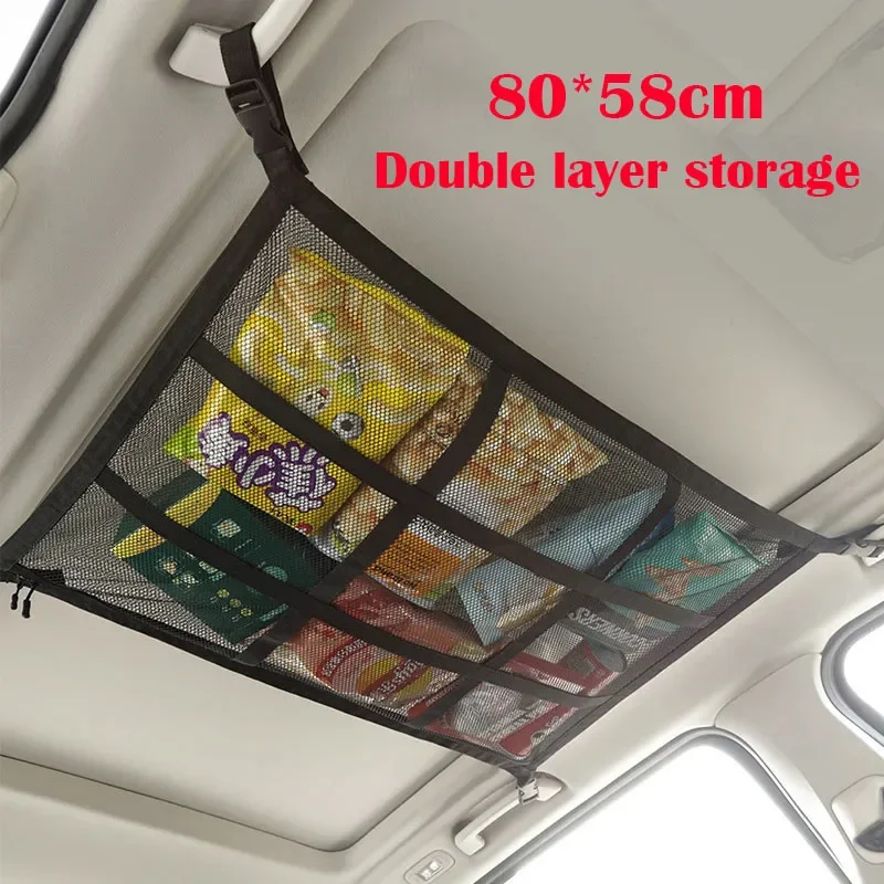 Upgrade Car Ceiling Cargo Net Pocket Strengthen Load-Bearing and Droop Less Double-Layer Mesh Roof Storage Organizer