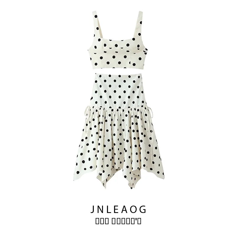 

Spring New Arrival Women's Fashion Short Polka Dot Asymmetric Midi Skirt And Top Set Polyester Fiber Knot Detail