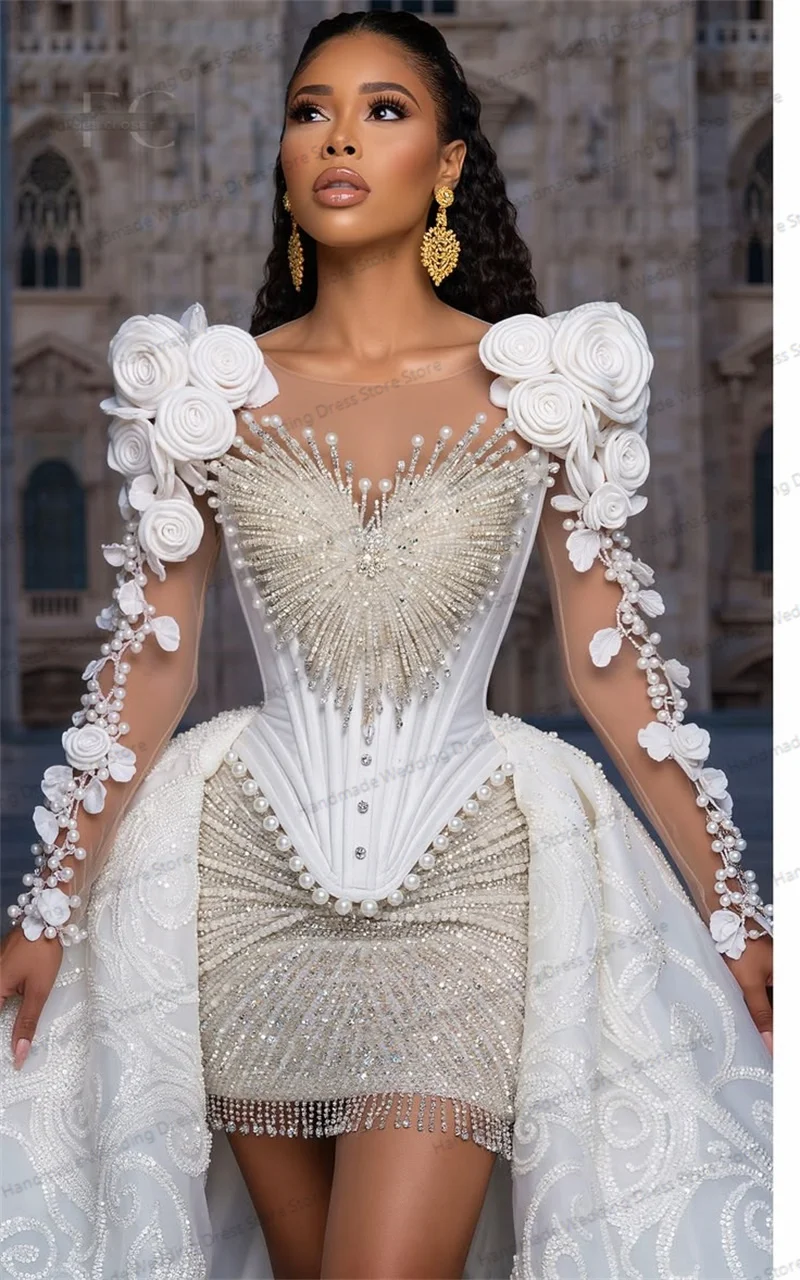 

Luxury Hi-Lo Prom Dress With Detachable Train Crystals Floral Full Sleeves Bridal Evening Gown Customized Beach Garden Robe