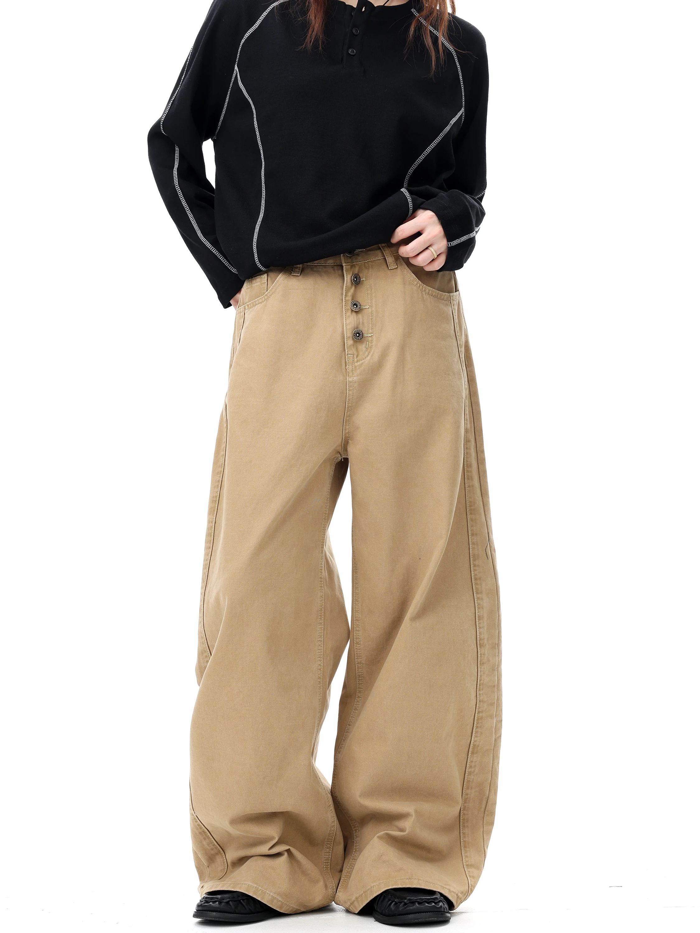 

Американские ретро-джинсы цвета хаки в рабочем стиле, свободного прямого кроя, с оригинальным дизайном и пуговицами, повседневные, дышащие, из денима, для мужчин и женщин