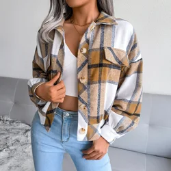 Autumn Winter Women Plaid Woolen Jacket Turn-down Collar Short Top Lantern Sleeve Ladies Casual Fashion Single Breasted Coat