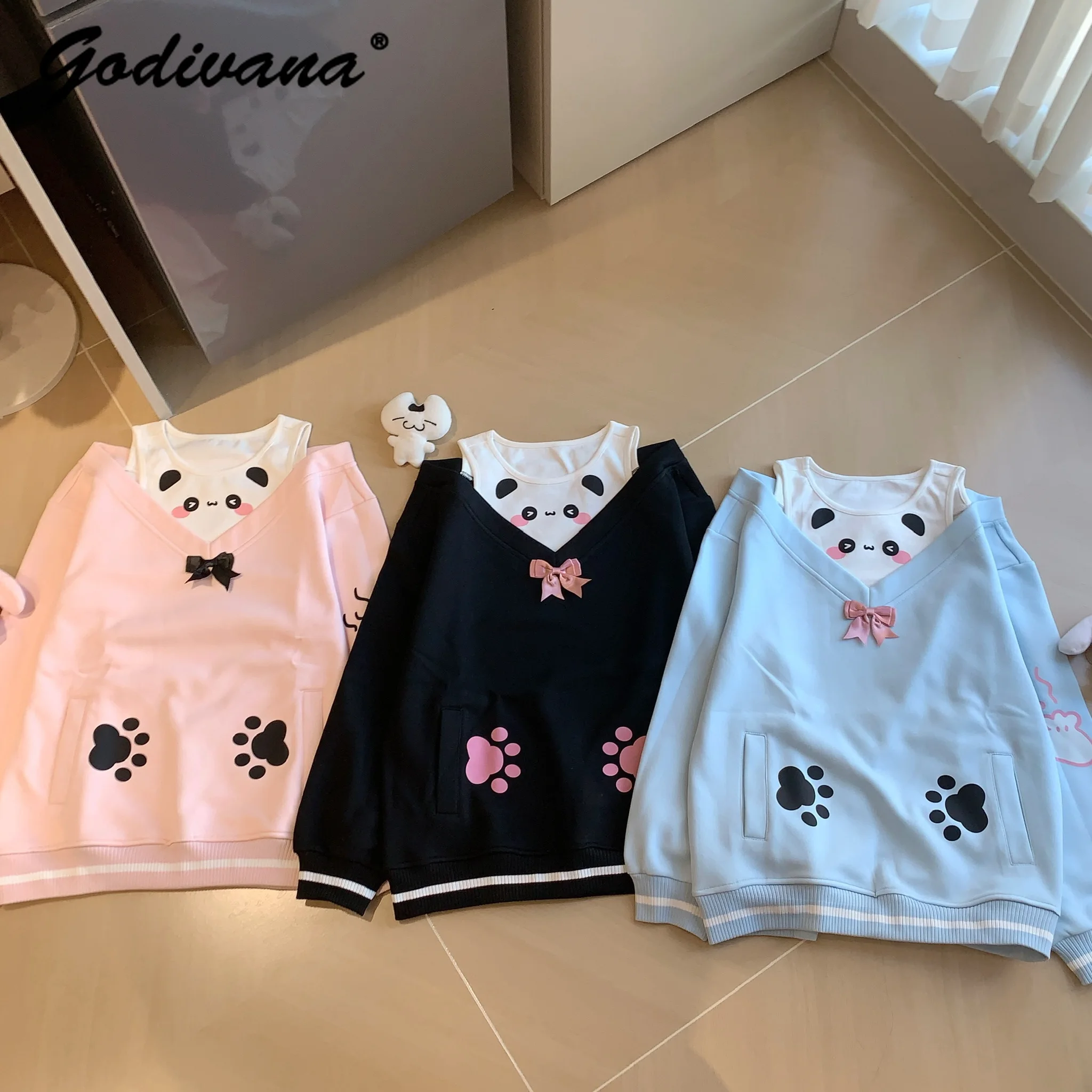 Autumn New Student Daughters Fake Two-Piece Cute Panda Off Shoulder Long Sleeve Sweatshirt Female Casual Pullover Shirts