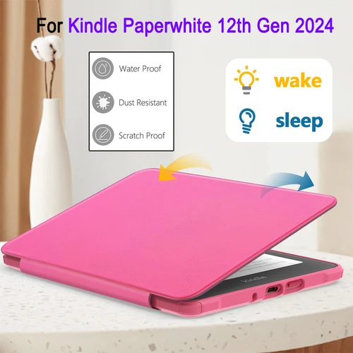 Funda de cuero PU de 7 pulgadas para Kindle Paperwhite 12th Gen 2024 EBook, funda protectora transparente con encendido/apagado automático