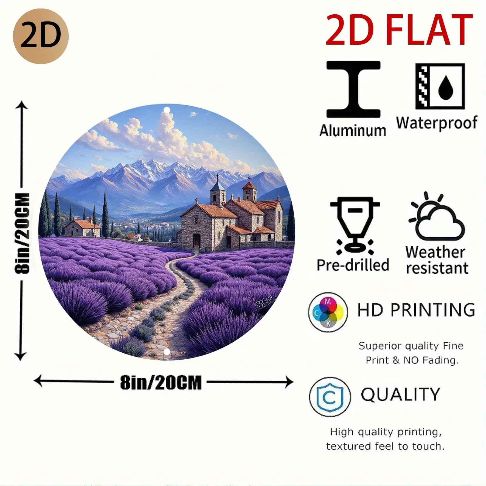 2D Lavender Field Church Mountain Round Landscape, Canvas Print Wall Art, Country European Style for Living Room Bedroom Study H