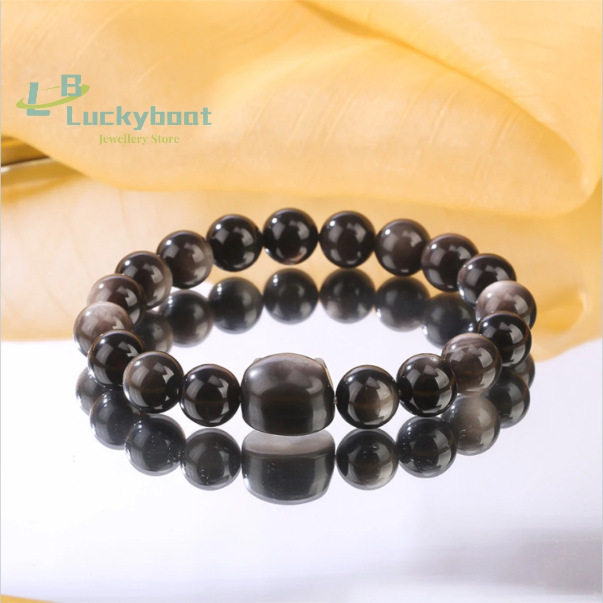 Natural Silver Radiant Stone Cat Head Obsidian Round Bead Bracelet Single Loop Fashion Simple Versatile Men's and Women's Jewelr