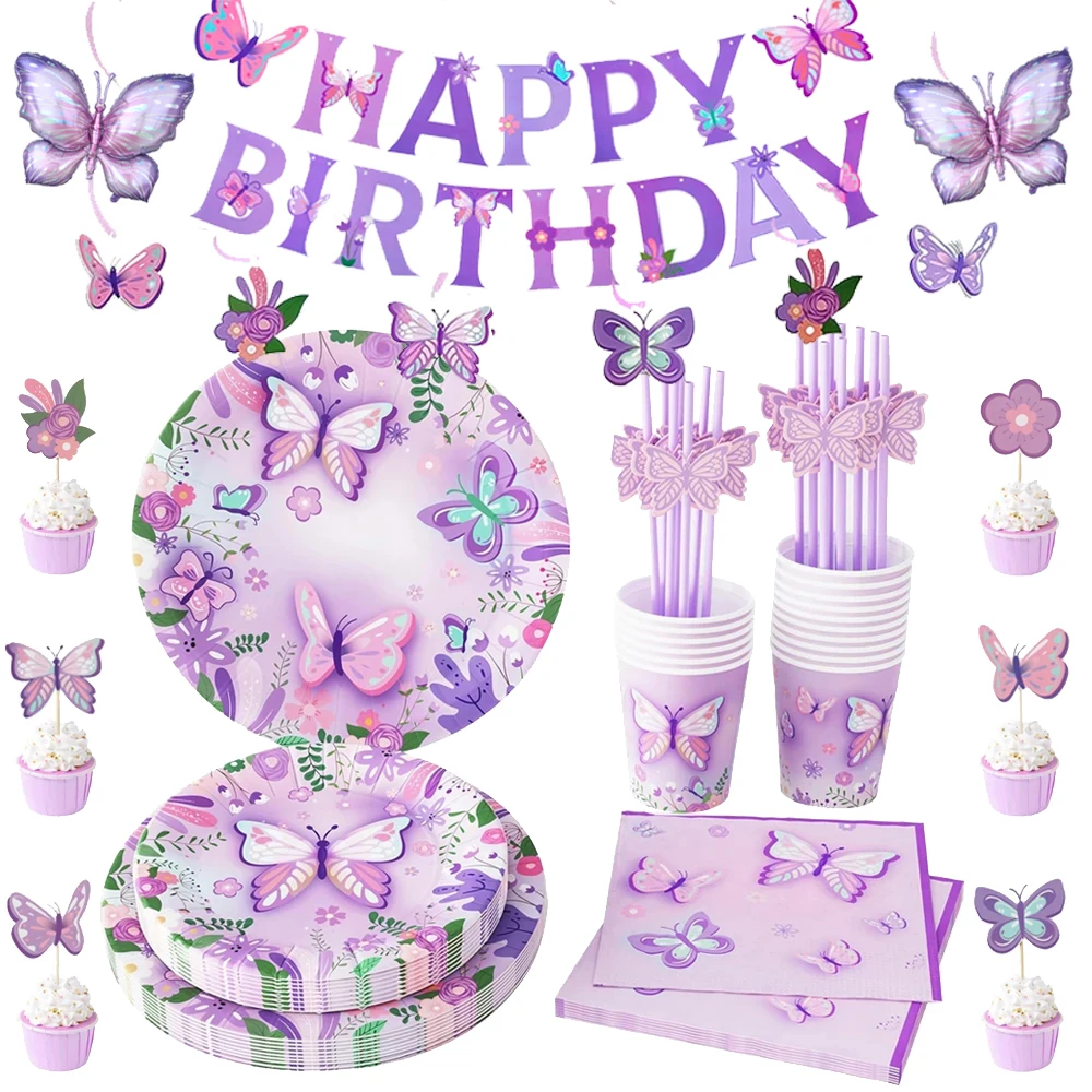 Różowy Fioletowy Motyl Jednorazowa zastawa stołowa Papierowy talerz Kubek Serwetka Baner Motyl Dekoracja urodzinowa Baby Shower Ślub Supp