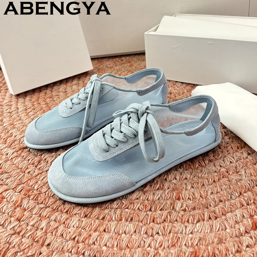New Lace Casual Breathable Running Shoes Women Summer Round Toe Lace Up Flat Shoes Comfortable Oxfords Bottom Balance Sneakers