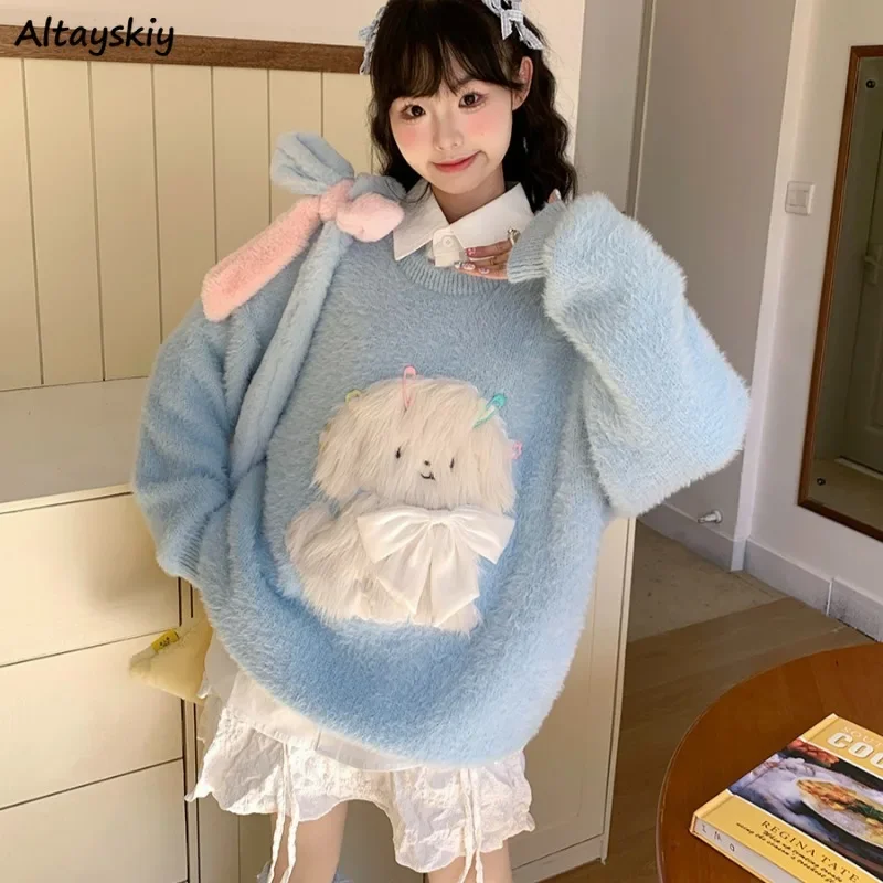 

Pullovers Women Lovely Girls Korean Style Cartoon 3D Bow Chic Warm Autumn Winter Long Sleeve O-neck Loose College All-match Sute