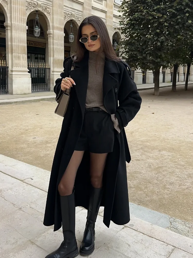 New Classic Black Belted Wool Blends Overcoat For Women Chic Full Sleeve Double Breasted Lapel Long Coat Ladies Loose Streetwear