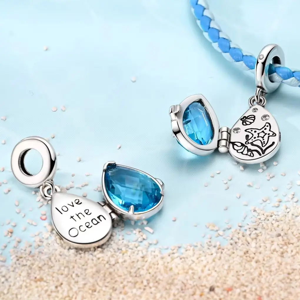 

925 Silver Charm Openable Blue Ocean Pendant Fit Bracelet Making Original Fashion Jewelry