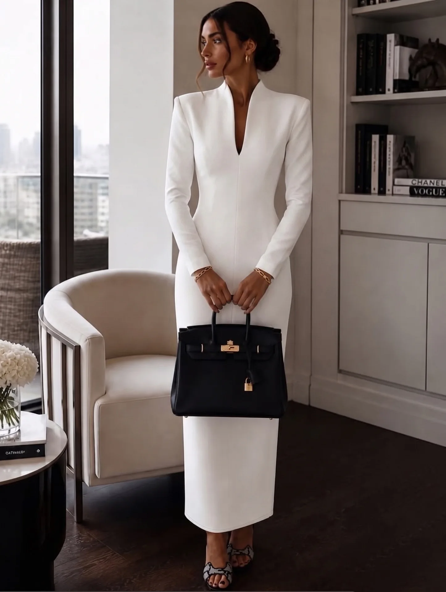 STYLISH LADY Stand Collar Long Sleeve Maxi Bodycon Dress Women V Neck Back Split Elegant Formal Evening Party Midi Gown Dress