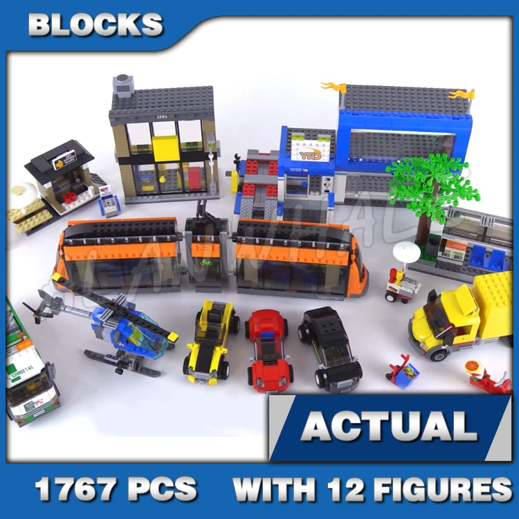 1767pcs City Square Car Dealership Tram Stop Flatbed Truck Coffee Shop Store 02038 Building Block Sets Compatible With Model