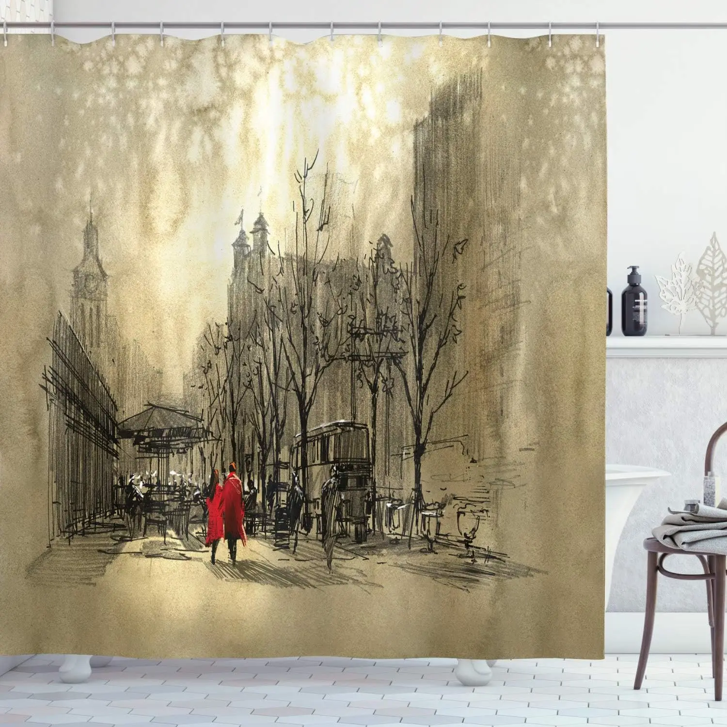 

Romantic Couple Shower Curtain Love Walking City Streets Rainy Day Dramatic Urban Scene Sepia Red Bathroom Decor with Hooks