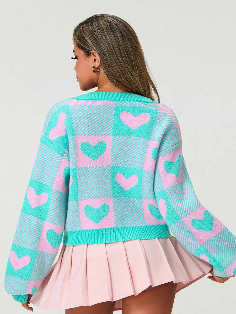 

Valentine s Day Women s Heart Print Knit Sweater Cardigan with Long Sleeves V Neck and Button Up Detail