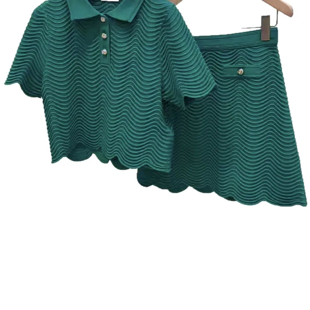 

Spring/Summer Women Lapel Collar Wavy Solid Button Knit Set Short Sleeve Knitwear Top + A-line High Waist Elegant Mini Skirt