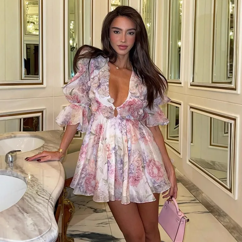 

Women Sexy Deep V Neck Flare Sleeve Tie-dye 3d Flower Mini Dresses Slim Multiple Printed Pleat Chiffon Vestidos New Holiday Wear