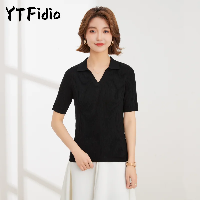 YTFidio Summer Women 100%  Wool Polo T Shirt Women Clothes Tops Short Sleeve Sweater Casual Basic Pullover 04