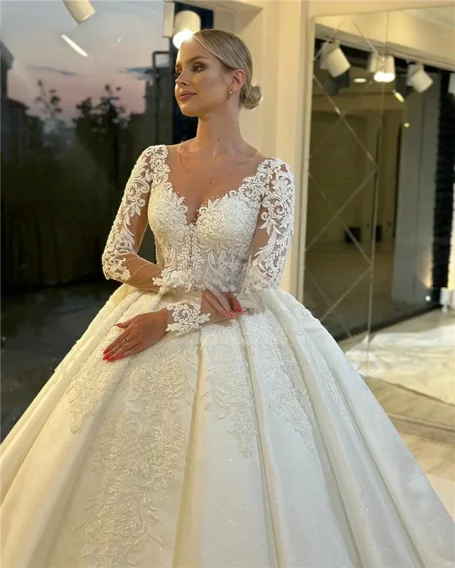 Vestido de novia de satén personalizado, vestidos de baile con apliques de encaje, vestidos de novia de manga larga para mujer, vestidos de novia