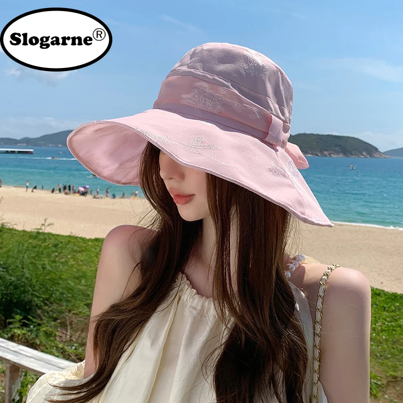 

Women Spring Summer Sunshade Bucket Hats Woman 2024 New Big Brim Sun Protection Hat Fashion Ribbon Bow Sun Hats Fedoras Visors