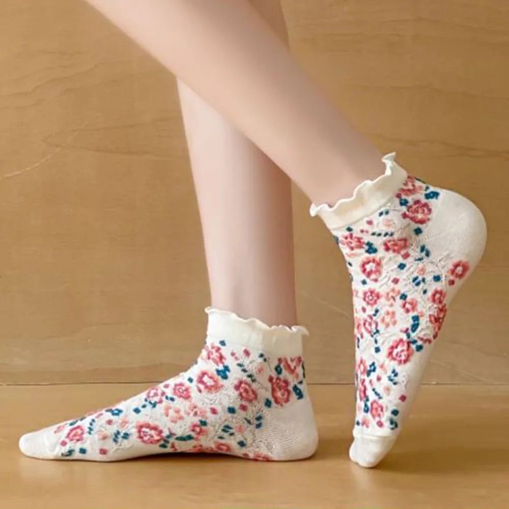 5 paia di calzini con volant e volant da donna Harajuku stampa floreale moda giapponese Lolita Style Girls Short Soks For Girl Pack Calcetines