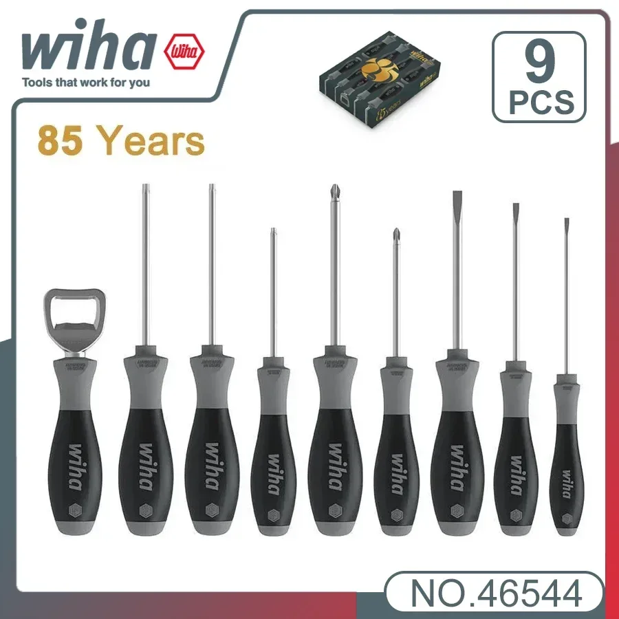 Genuine WIHA 46544 9Pcs Screwdriver Set SoftFinish with Bottle Opener for Slotted and Phillips Screws The Anti-roll Protectionha