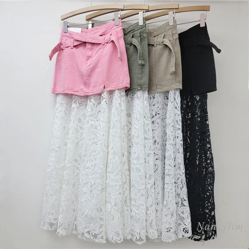 

Design Sense Lace Splicing Denim Skirt Women 2025 Spring Summer New Versatile Long Skirt