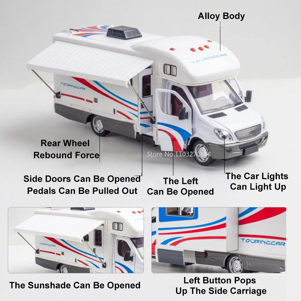 1/32 Tourist RV Alloy Car Model Toy Door Open Rubber Wheels Simulate Interior Pull Back Vehicle Children Birthday Ornament Gifts