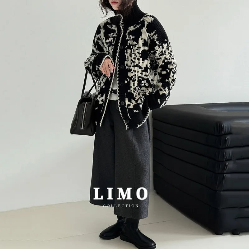 

LIMO 2025 Autumn Winter Colorblock Jacquard Knitted Cardigan Sweater Women's Office Casual Coat Polyester Fashion Outerwear