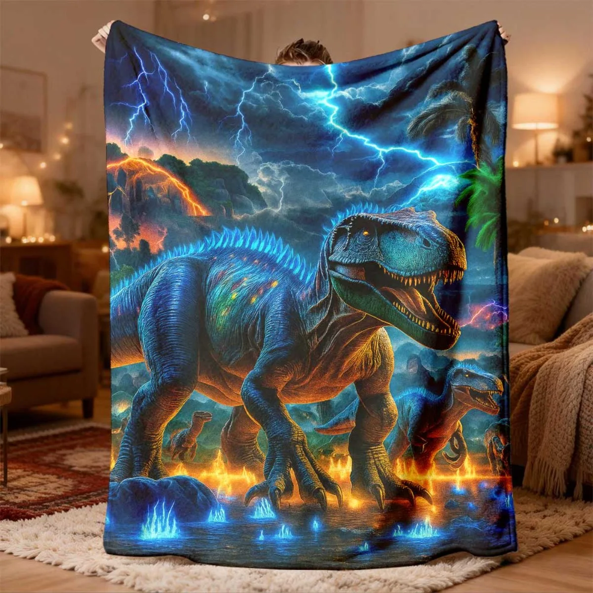 Dinosaur Roar Cave Scene Throw Blanket for Kids Room Decor Jurassic Adventure Gift