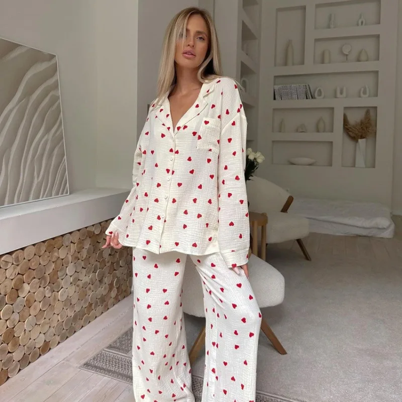 100% cotton Autumn Love Printed Dressing Gown for Women Sleepwear Loose Comfortable Long Sleeve Pajama Set Loungewear Lady