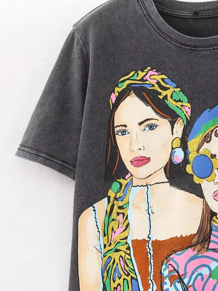 NOVEDAD DE VERANO 20225, camiseta de manga corta con cuello redondo desgastada y estampado Retro versátil para mujer 1131/334