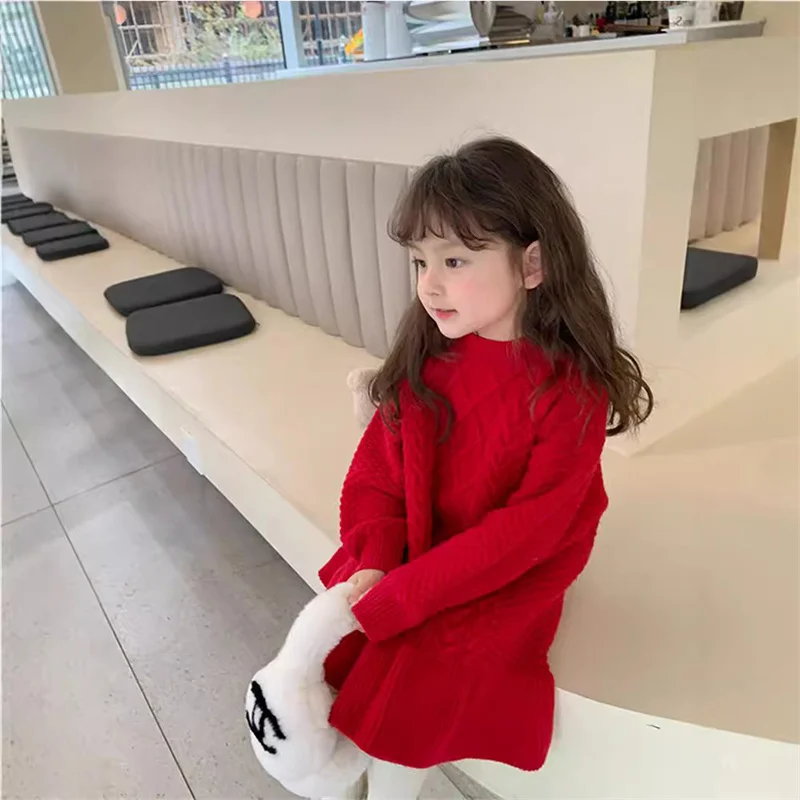 Girls Thicken Knitted Dress Children Autumn Winter Warm Gown Princess Sweaters Vestidos 2024 New Kids Fashion Clothing 2-8Y