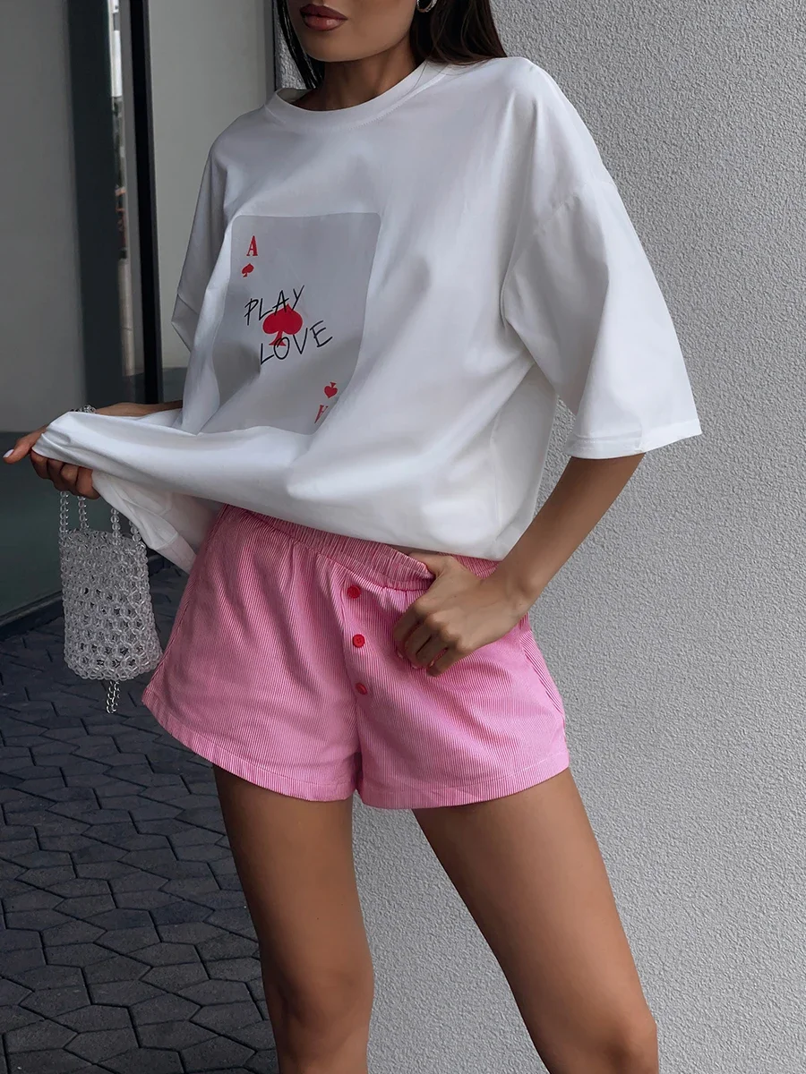 

100% Cotton Poker Card Printed T-Shirt Women's Fashionable O-Neck Loose Short Sleeved Female Summer New Casual Top