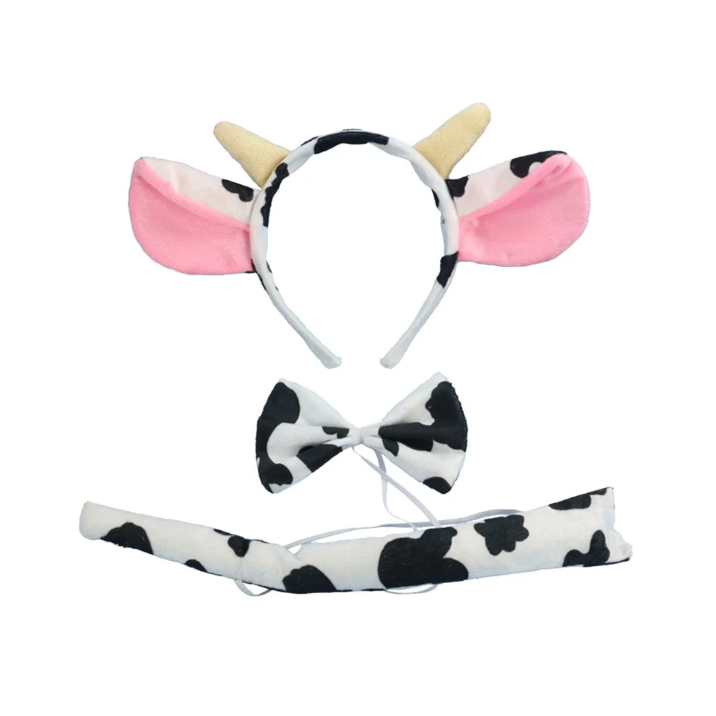 Fluffy Cow Stuffed Animal Headband Ears Tail Costume Halloween Three-point Child Prop