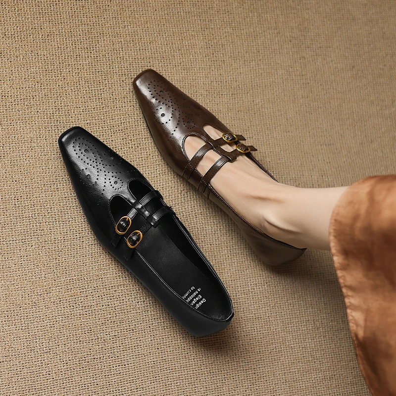 

Genuine Leather Pointed Toe Floral Hollow Mary Jane Shoes Low Heel Vintage Elegant Style for Women