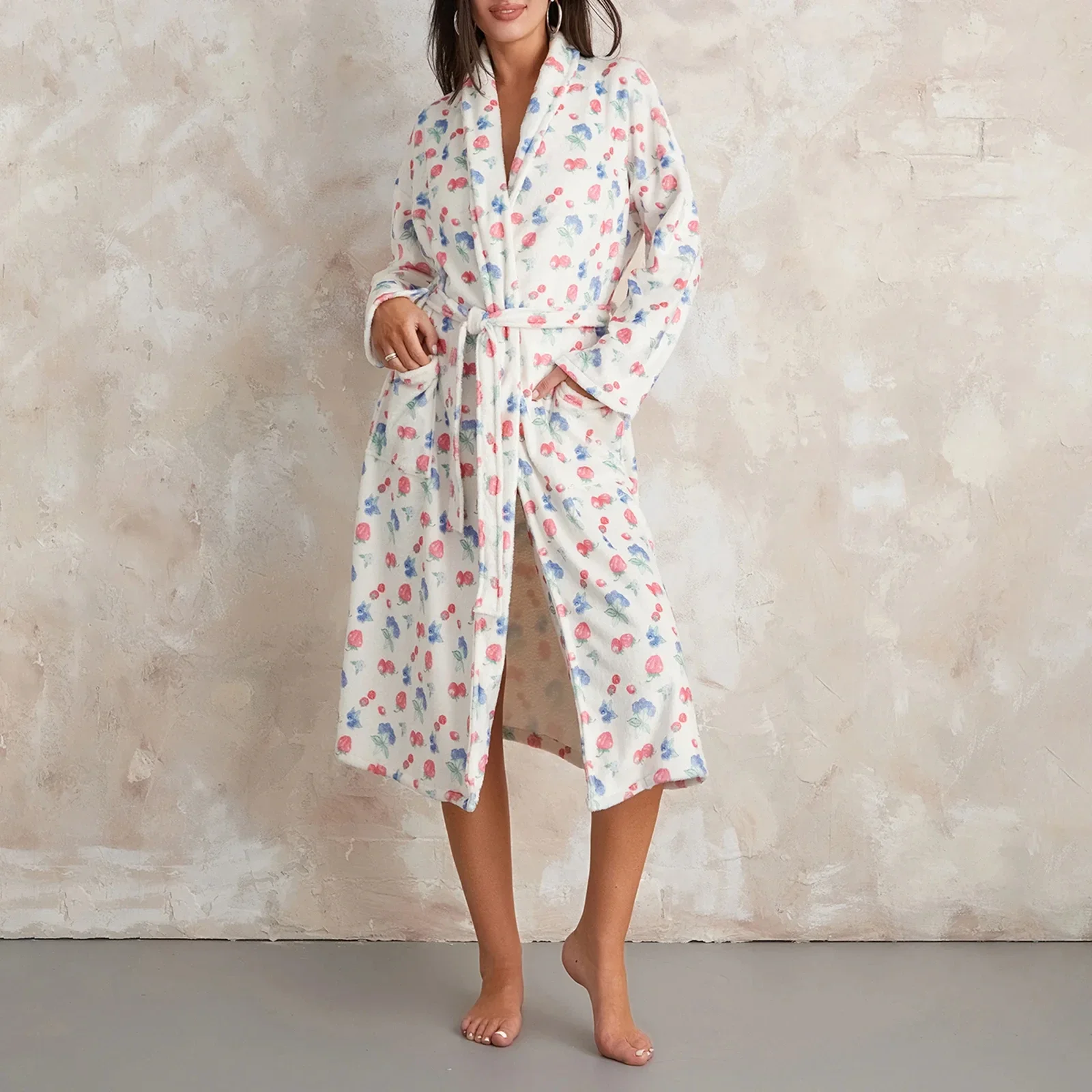 Túnica de flanela feminina com cinto, roupa de dormir, estampa floral, roupão de gola xale, quimono, pijama quente, roupas de inverno