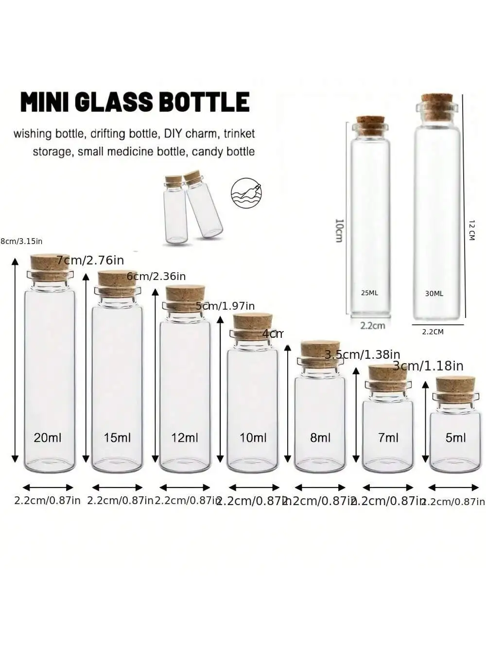 1-10 stuks mini glazen flessen met kurken - 5/10/15 ml lege glazen flesjes voor doe-het-zelf, decoratie, bericht, ambachten en groothandel