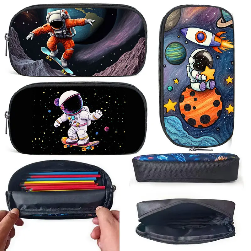 Astronaut Rocket Skateboard Guitar in Space Cosmetic Case Large Capacity Stationery Bags Portable Pencil Box for School Office