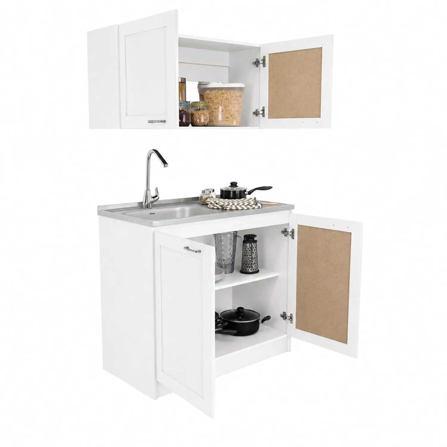 Modern Kitchen Cabinet Upper Lower Storage Shelves 4 Doors Space Saving Pantry White Particleboard 39.3in, Customized