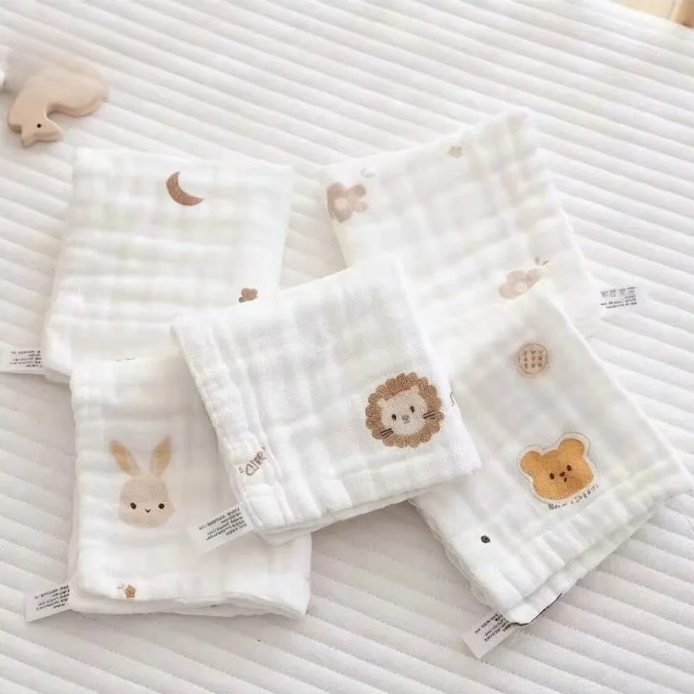 2PCS 6 Layer Cotton Saliva Towels Embroidery Design Hand & Face Wipes Burp Cloth Small Square Handkerchief For Toddler
