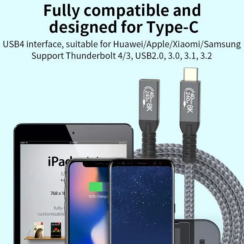 Short Angle USB4 Type C Extension Cable 40Gbps 8K@60Hz USB C TO Type-c Male to Female Extender PD240W Charge Data Transfer Cable