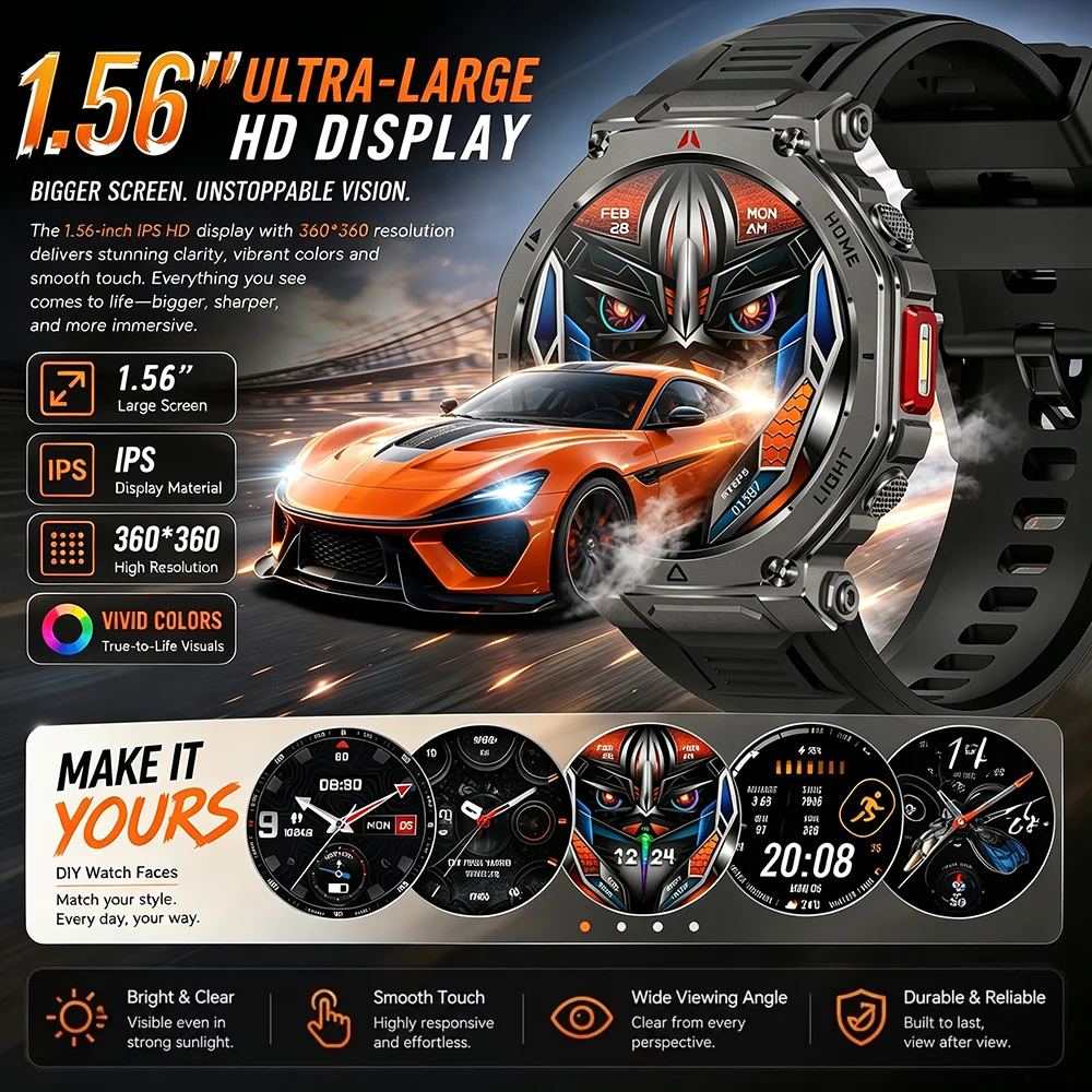 2026 New TREX3 Smart Watch 1000mAh Battery 1.56-inch Screen Compass LED Flashlight 110+ Sports Wireless Call Smart Watch