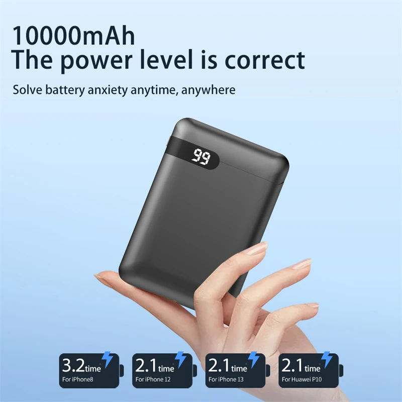 10000 мАч Mini Power Bank Dual USB Зарядное устройство для мобильного телефона Powerbank для iPhone 16 Samsung Xiaomi Huawei Внешний аккумулятор повербанк