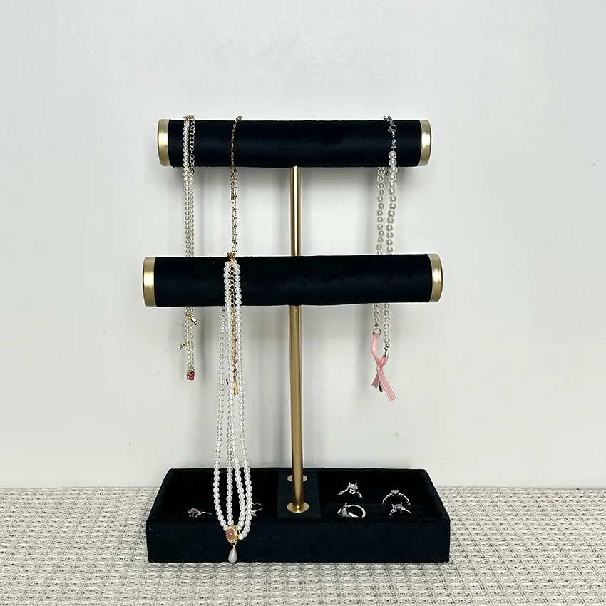 New Product Beige Velvet Jewelry Display Stand, 2 Layers with Detachable T-Bar Design