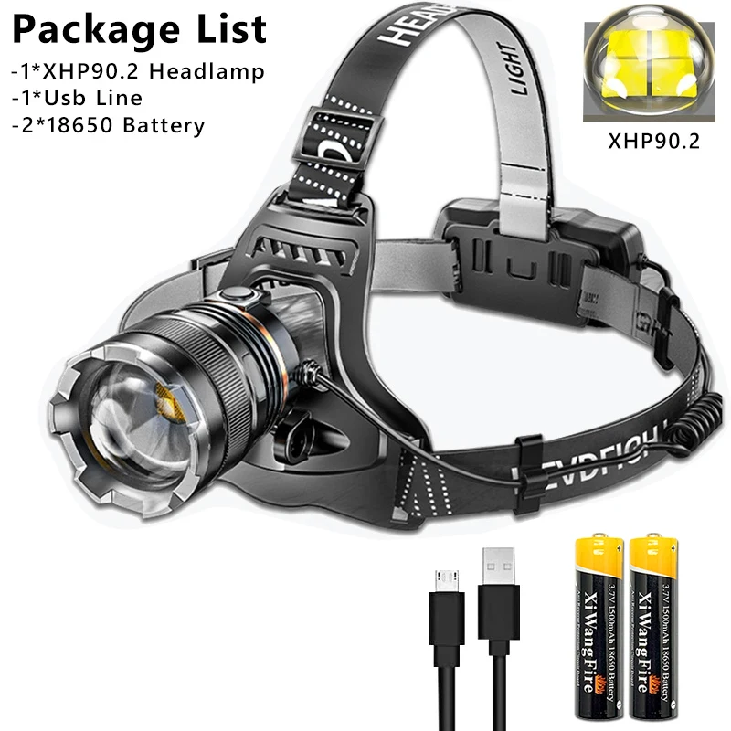 XHP90.2 Super Leistungsstarke Stirnlampe Wiederaufladbare Kopf Taschenlampe High Power Kopf Lampe 1000 Meter Scheinwerfer 2*18650 Angeln Laterne