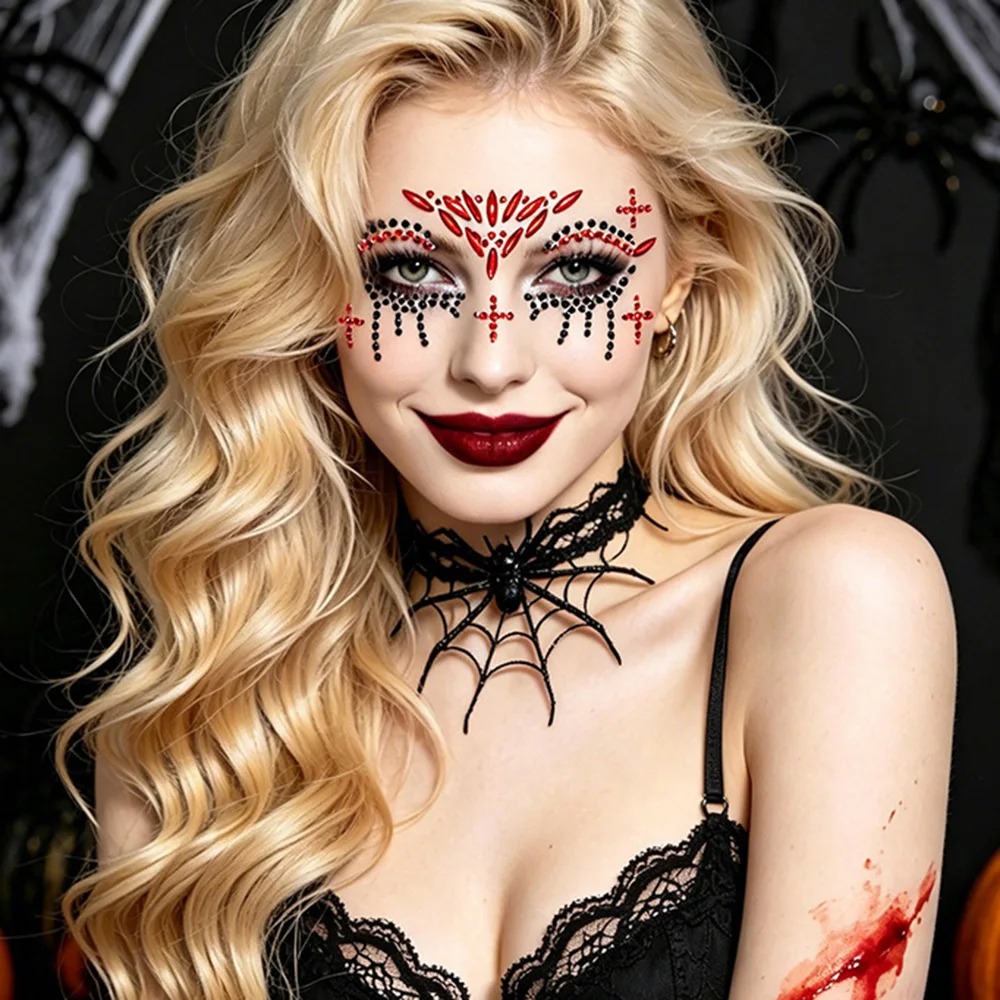 1Pcs Halloween Face Gems Stickers Self‑Adhesive Rhinestone Eye Face Jewels 3D Red Black Crystal Cross Pattern Body Glitter Gems*